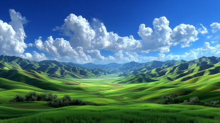 Rolling green hills and dramatic clouds in a vibrant pastoral landscape scene.