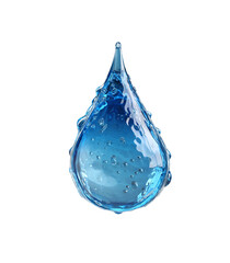 Single blue water droplet captured mid-splash with crystal clarity and reflection.