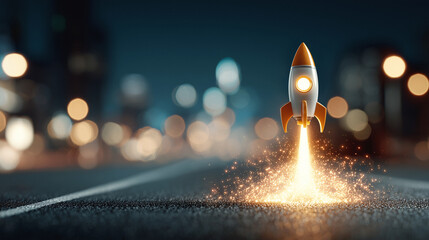Small rocket launching upward from road surface, stylized startup and lift-off metaphor.