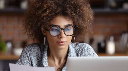 Focused young woman concentrating on laptop work in cozy coffee shop environment.