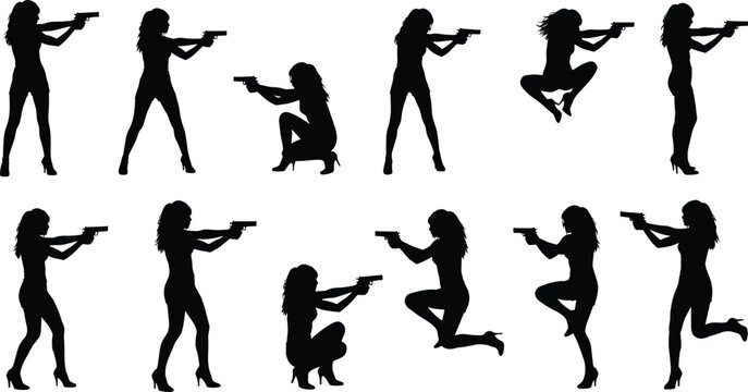 Women action silhouettes with guns, secret agent poses, strong female power vector illustration for design