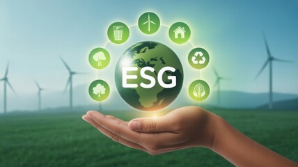 A visual representation of ESG (Environmental, Social, and Governance) with a globe in hand, wind turbines, and eco-friendly icons. It illustrates sustainable practices and corporate responsibility