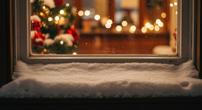 cozy snow-covered window view with blurred christmas tree and festive indoor lights
