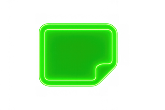 Green glowing sticker label banner with rounded corners, a curled edge, and neon light border on transparent background