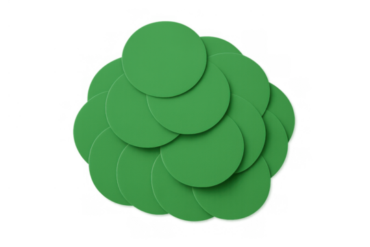 Green circles forming abstract cluster, overlapping shapes creating a layered organic pattern on transparent background