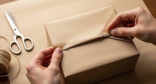 hands carefully wrapping a gift with brown paper and twine in a cozy, warm setting