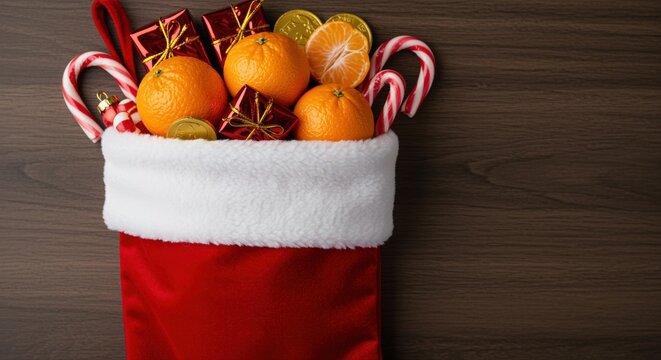 christmas stocking filled with oranges candy canes and gifts on wooden background