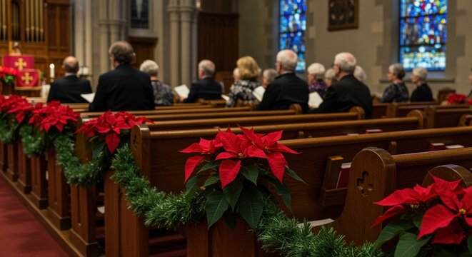 elderly congregation attending christmas service in decorated church with poinsettias - Powered by Adobe