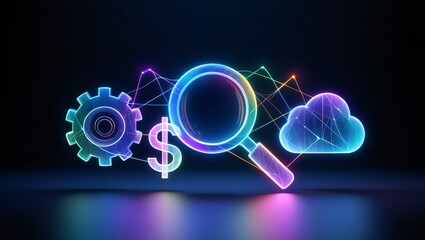 Neon glowing icons of a gear, dollar sign, magnifying glass, and cloud connected by vibrant lines