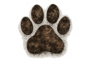Brown textured paw print illustration featuring a fuzzy outline, symbolizing domestic pets, shelter, adoption, and veterinary care