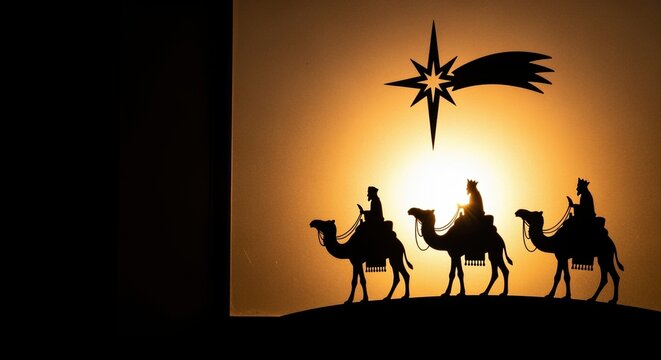silhouettes of three wise men on camels following star at sunset, symbolizing epiphany journey