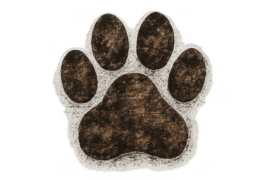Brown textured paw print illustration featuring a fuzzy outline, symbolizing domestic pets, shelter, adoption, and veterinary care