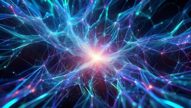  Abstract glowing neural network with a bright central energy core and interconnected blue lines