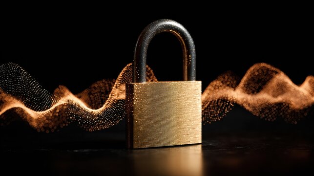 Luminous Padlock Surrounded by Digital Waves on a Dark Background for Secure Connection and Privacy Concept
