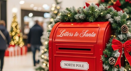 festive santa letterbox decorated with holiday garland in bustling shopping mall
