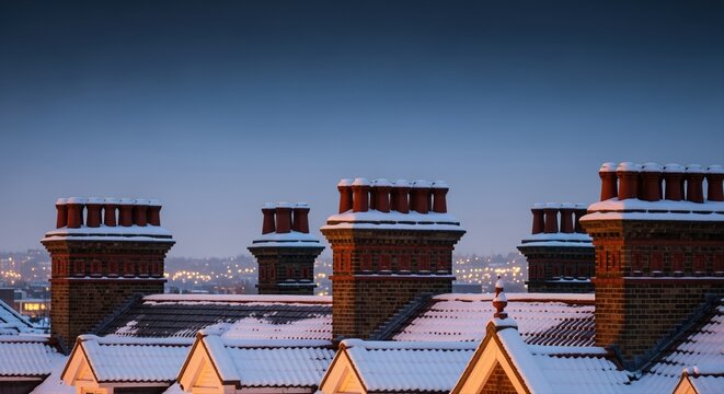snow-covered rooftops and chimneys at dusk with city lights in the background, winter evening - Powered by Adobe