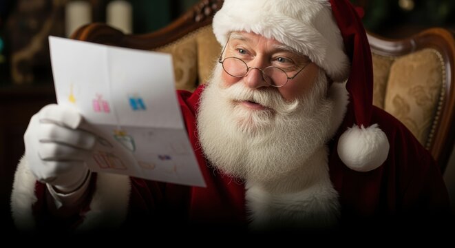 santa claus reading children's colorful letters by the fireplace during christmas eve