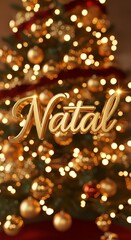 Letreiro 3D “Natal” com fundo de árvore de natal iluminada