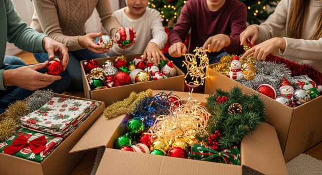 family decorating for christmas with ornaments and lights around christmas tree