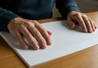 visually impaired person reading braille on a white paper at wooden desk, learning concept