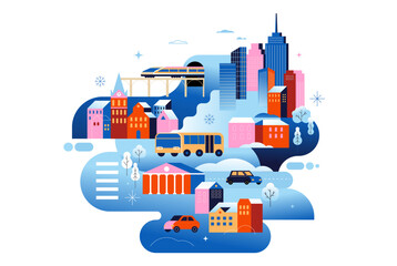 Winter in the city colorful geometric Christmas background.