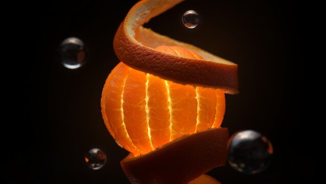 Close-up of a glowing peeled orange with spiral zest and water droplets on a dark background - Powered by Adobe