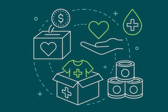 Creative donation concept depicting charitable acts with a focus on health and support illustrated through symbols like money box, clothing aid, and food relief emphasizing empathy and social