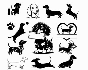 dachshund silhouette dog different poses linocut style vector illustration on white background
