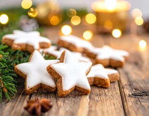 Collection of photos featuring festive German Zimtsterne cookies, star-shaped cinnamon almond treats with white glaze, rustic holiday table decor, pine branches, golden lights, and cozy Christmas