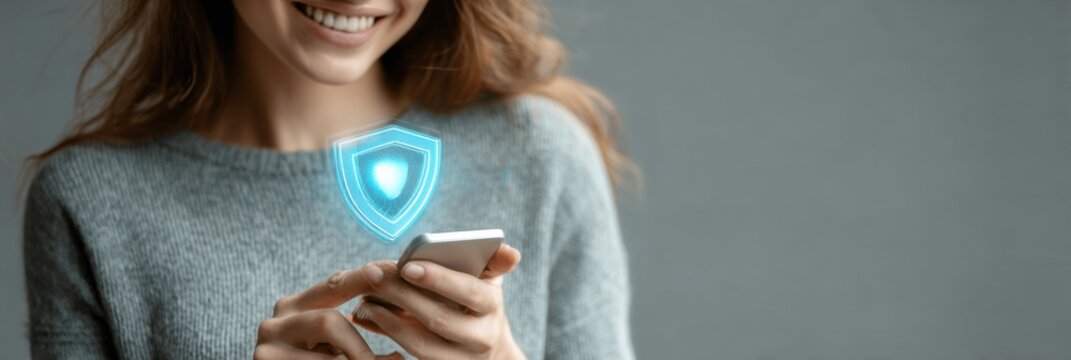 Woman Interacts With Smartphone While a Holographic Shield Symbol Indicates Online Privacy Protection in Modern Setting