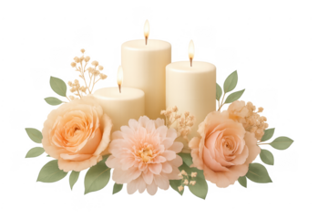 Burning candles with roses and flowers arrangement