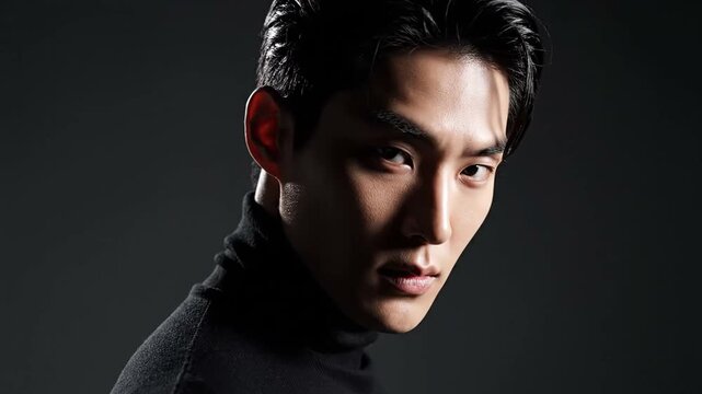 Korean male model showcasing skincare products in a studio setting promoting beauty and wellness with a focus on clean skin and natural ingredients for a healthy glow