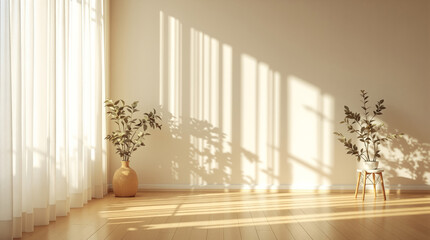 Fototapeta premium Empty room with wooden floor, plants, and sunlight shadows on the wall