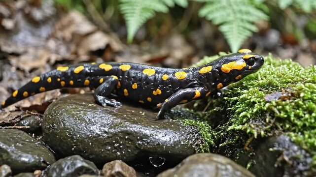 Spotted Salamander Crawling Over Wet Mossy Rocks In Lush Forest Habitat After Rainfall On A Cool Spring Morning