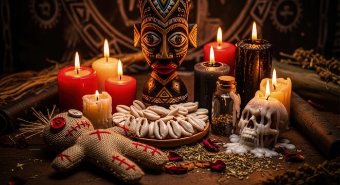 Benin Vodoun Festival ritual display. African spiritual offerings, burning candles, cultural mask, powerful voodoo doll, mystic skull, sacred shells. January tenth celebration.