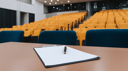 A pen and clipboard with blank paper on a desk in an empty lecture hall. Business presentation, conference, or education concept with copy space