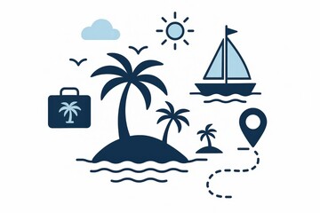 Iconic travel illustration capturing the essence of adventure with tropical islands palm trees a sailing boat and essential travel imagery inviting exploration and wanderlust