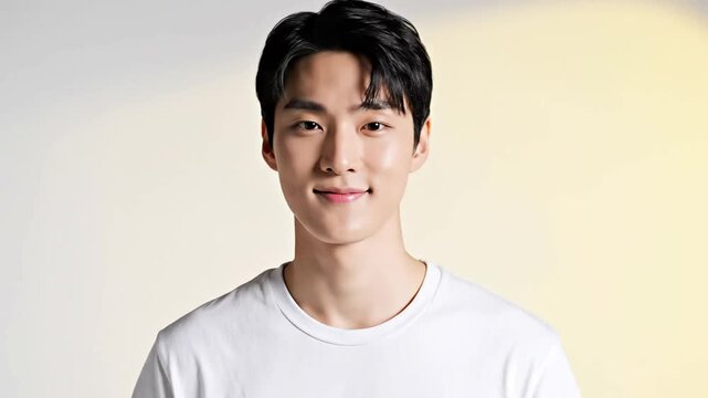 Korean model promotes skincare products in studio setting showcasing youthful radiant complexion beauty brand advertising for healthy skin and positive self image