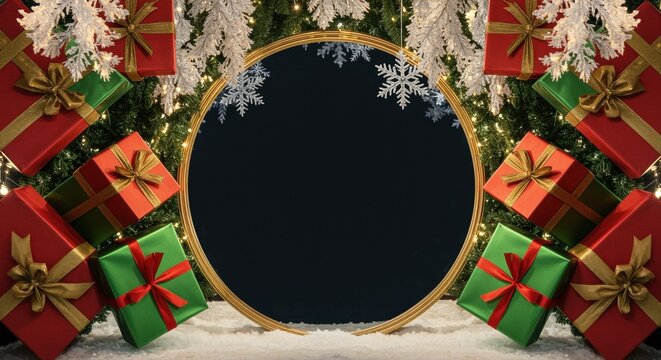 festive christmas gift boxes with snowflakes and lights framing a circular blackboard
