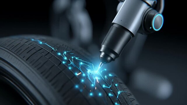 Automated robotic arm performing precision quality inspection on retreaded tire highlighting advanced technology in manufacturing process efficiency.