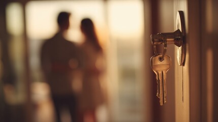 Close-up of a Key in a Door Lock With a Couple Entering Their New Home During Sunset Warmth