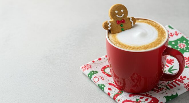 festive latte with gingerbread man cookie on christmas-themed napkin on grey background