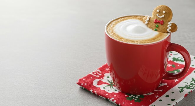 festive christmas latte in red mug with cute gingerbread cookie and holiday napkin - Powered by Adobe