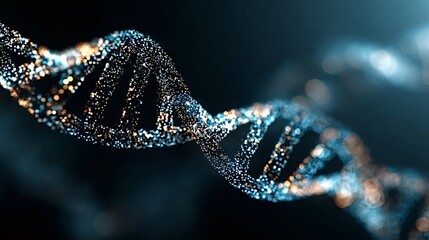 Dna molecule structure rendering with glowing particles forming a double helix, representing concepts of genetics, science, biotechnology, and molecular biology research