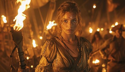 Brave female buccaneer stands resolute, holding fiery torch amidst shadowy crowd at night. Her fierce eyes reveal determined spirit for daring deeds.