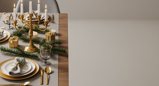 elegant holiday dinner table set with gold decor and candles for festive celebration - Powered by Adobe