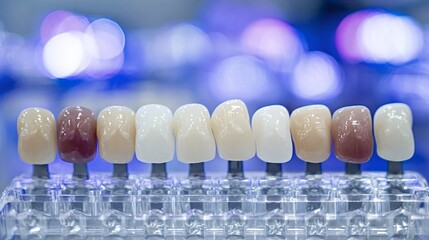 Dental shade guide presenting multiple colors of tooth crowns and veneers for matching natural teeth, aiding in prosthetic dentistry and cosmetic tooth restoration