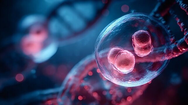 Microscopic cell replication in a biological environment showing dna strands in the background, representing scientific research, genetics, medicine, and advanced biotechnology concepts