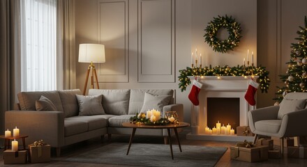 cozy living room decorated for christmas with candles, stockings, and a warm festive ambiance