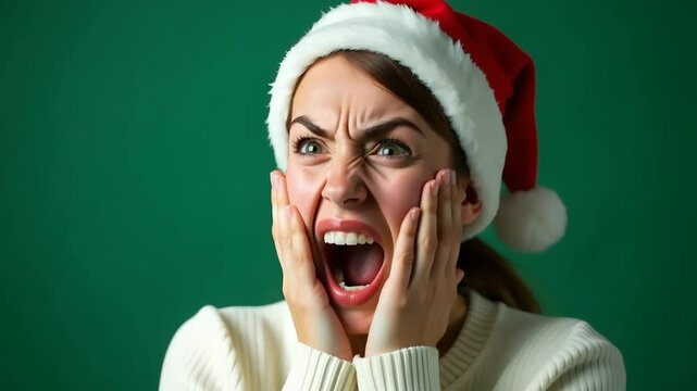 Screaming young woman wearing santa hat on green background showing stress and frustration during christmas. concept of emotion, holiday, mental health.